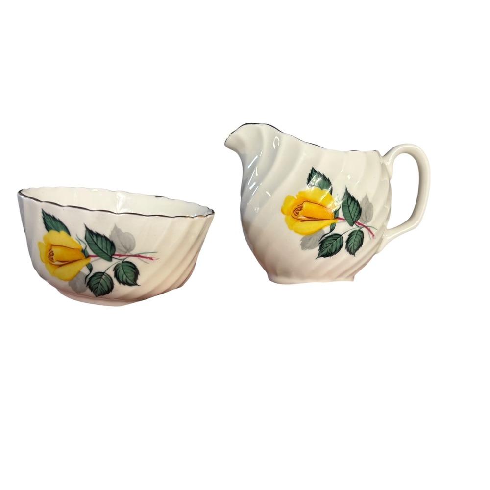 Adderley Fine Bone China England Yellow Rose Swirl Creamer and Sugar Bowl Set